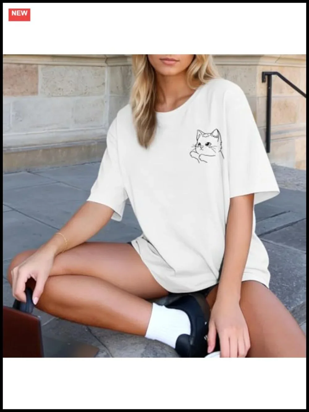 Oversized Kawaii Cat Graphic Tee Women Crew Neck Casual Summer Top Cotton Blend